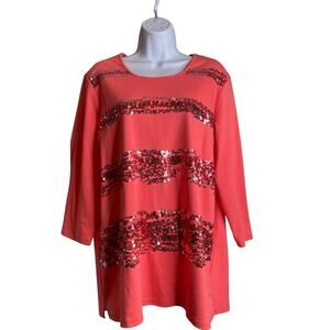 Quacker Factory Women's Coral Sequin Striped Tunic Top Size 1X Maximalist Glam